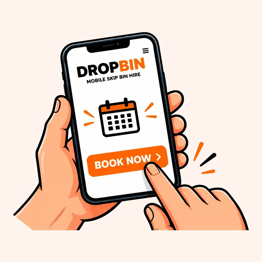 A hand holding a phone showing the Drop Bin booking screen