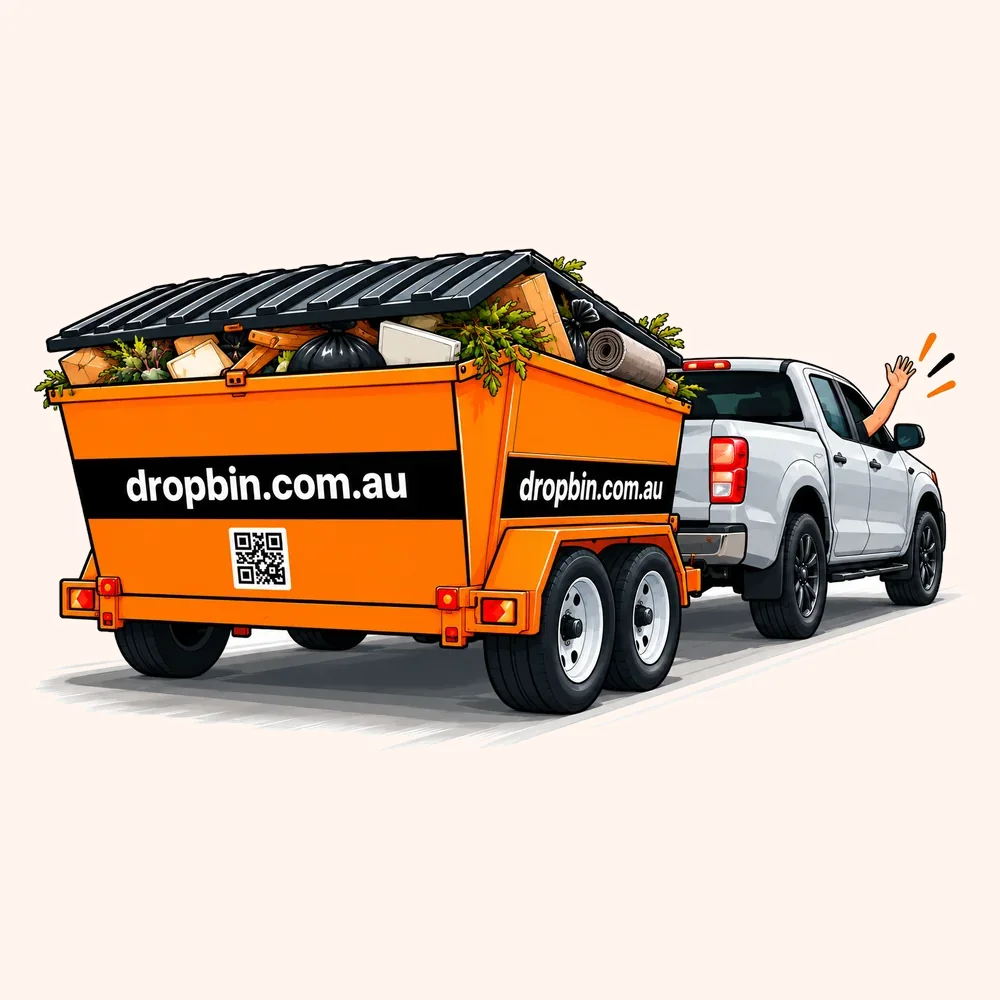 A full Drop Bin being towed away by a ute